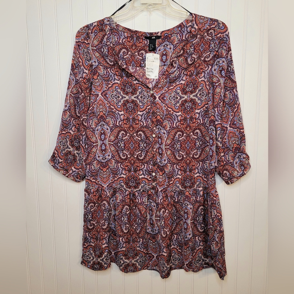 H&M Red/Blue Patterned Mini Dress Size 10 NWT